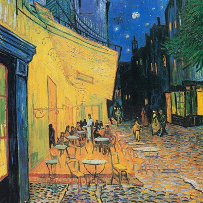 Kvadratisk motivförlaga för Vincent van Gogh - café terrace: En gulbelyst kaféterrass möter en djupblå natthimmel med stjärnor.