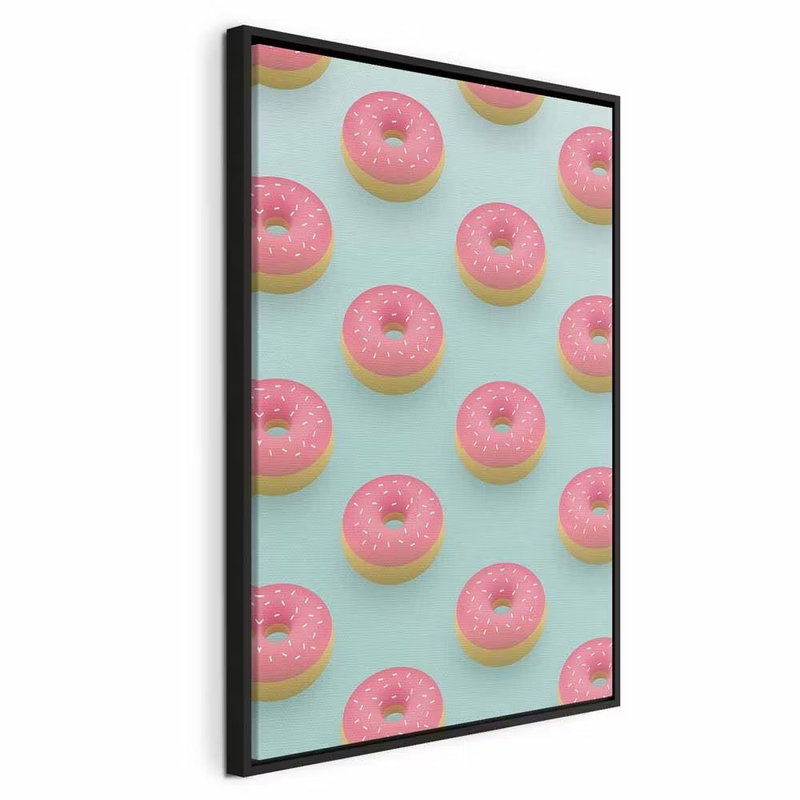 Pastel donuts vertical – svart ram. Små illustrerade munkar med rosa glasyr och ljusa strössel upprepas över en mintgrön botten.