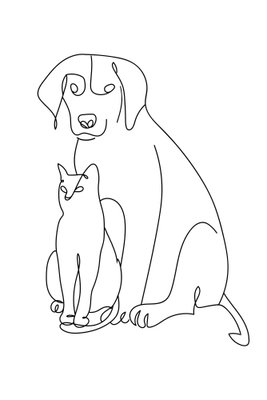 Best friends vertical – motivvy. En stor sittande hund och en mindre katt framför den tecknas med tunna svarta konturer på vitt.