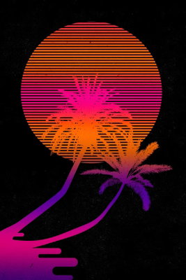 Palm at sunrise vertical – motivvy. Palmsiluetter i rosa och orange står framför en randad rund sol på svart botten.