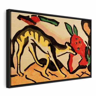 Franz marc fabeltier – svart ram. Ett gult och svarttecknat djur vänder huvudet mot en röd form i en förenklad komposition med kraftiga konturer.