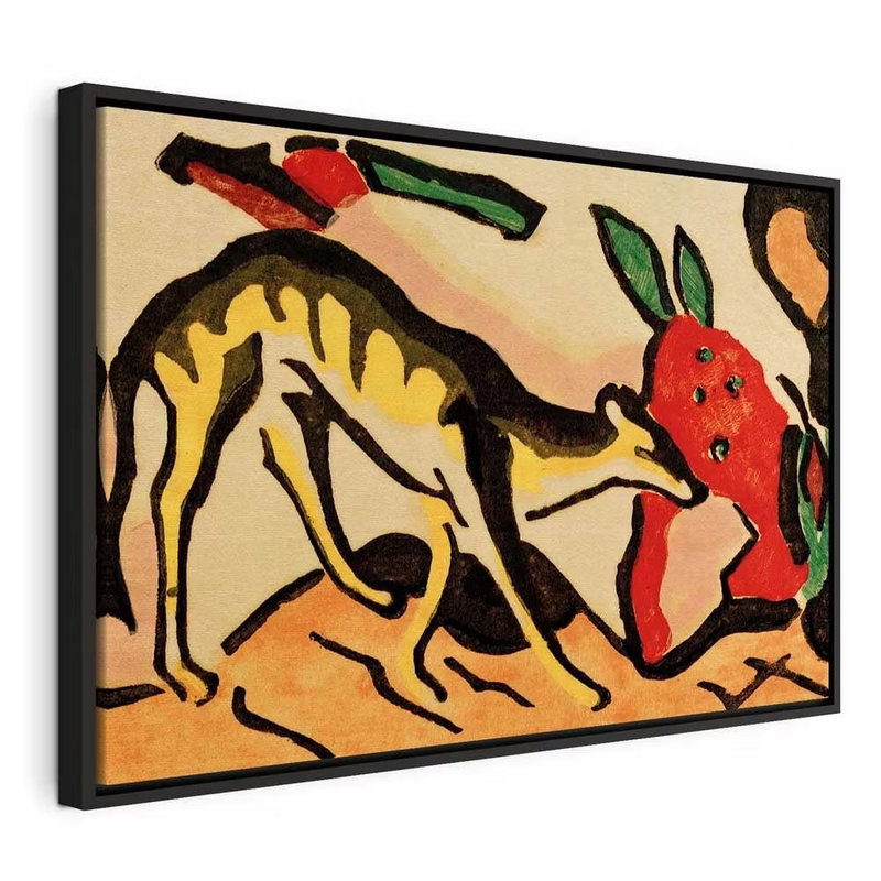 Franz marc fabeltier – svart ram. Ett gult och svarttecknat djur vänder huvudet mot en röd form i en förenklad komposition med kraftiga konturer.