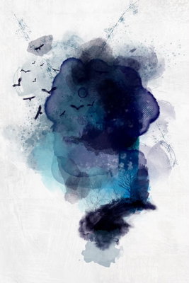Blue memory vertical – motivvy. Mörkblå och blågröna akvarellskikt, små stänk och tunna trådlika linjer samlas på en ljus stående yta.