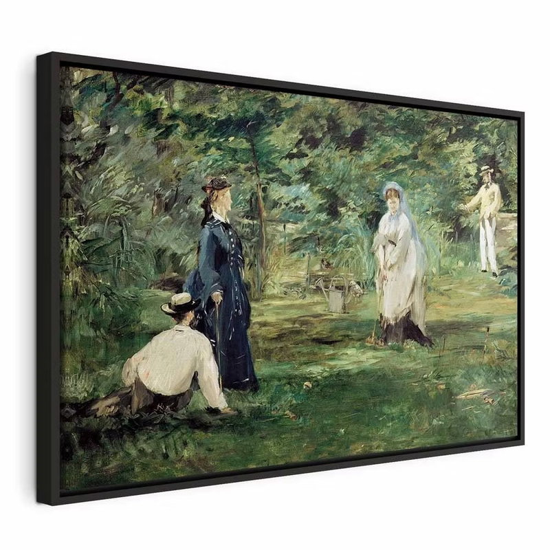 Edouard manet the croquet – svart ram. Flera personer i ljusa och mörka kläder vistas på en grön gräsmatta med träd och krocketutrustning.