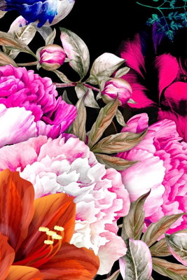 Smell of summer vertical – motivvy. Rosa, vita och orange blommor med gröna blad fyller bildytan mot en mörk bakgrund.