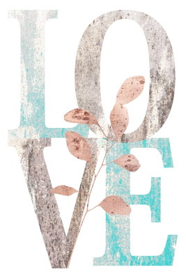 Flourishing letters vertical – motivvy. Bokstäverna i LOVE återges i blekt turkost och gråbrunt med en liten rosa växtkvist på vitt.