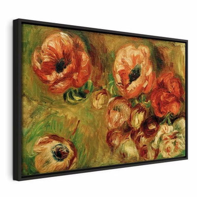 Pierre auguste renoir les – svart ram. Stora röda och orange blommor med gröna blad återges med breda, synliga penseldrag.