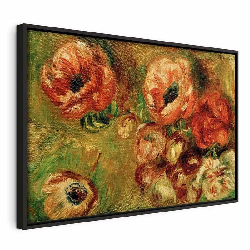 Pierre auguste renoir les – svart ram. Stora röda och orange blommor med gröna blad återges med breda, synliga penseldrag.