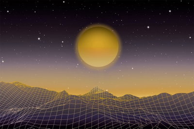 Futuristic landscape wide – motivvy. Ett gult rutnätslandskap sträcker sig mot en stor gul planet under en mörkgrå stjärnhimmel.