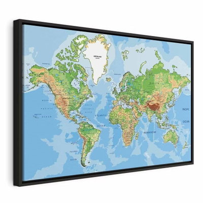 Explore the world – svart ram. En detaljerad världskarta visar blå hav och kontinenter i gröna, gula och bruna höjdskiftningar.