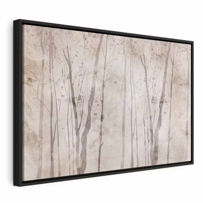 Beige forest of thoughts – svart ram. Smala, bleka trädstammar och skissartade kvistar ligger över varandra i ett ljust beige skogsmotiv.