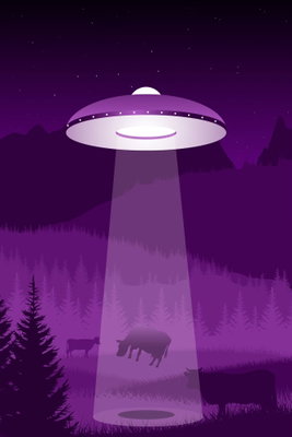 Ufo vertical – motivvy. Ett violett flygande tefat lyser ned över mörka skogssiluetter i ett illustrerat nattmotiv.