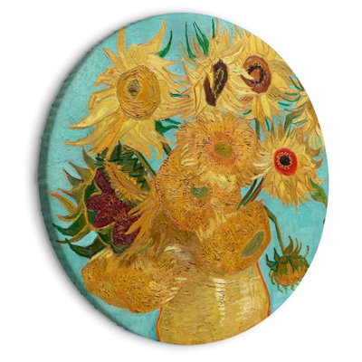 Rund motivvy för Vincent van Gogh - sunflowers: Gula och orange solrosor står i en vas mot en ljus turkos bakgrund.