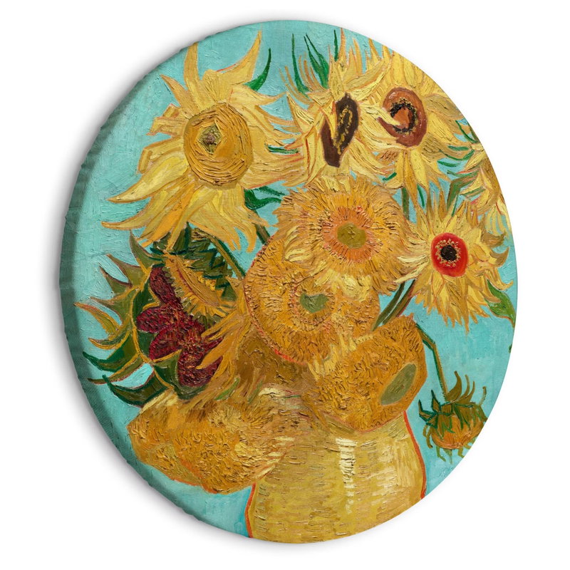 Rund motivvy för Vincent van Gogh - sunflowers: Gula och orange solrosor står i en vas mot en ljus turkos bakgrund.
