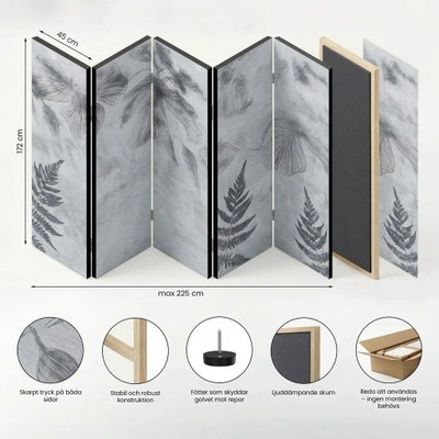3-delad ljuddämpande rumsavdelare – Pastel Bird – leverantörens generella konstruktionsillustration med fem paneler