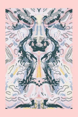 Rorschacha mantra vertical – motivvy. Speglade linjer och färgfläckar i blågrönt, rosa och ljusgrått bildar ett symmetriskt mönster inom en rosa bård.