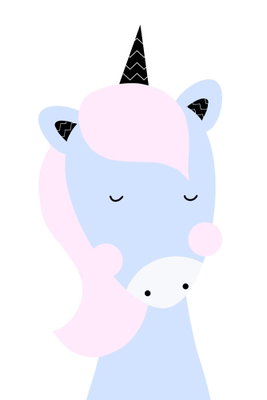 Sweet unicorn vertical – motivvy. En ljusblå, tecknad enhörning med rosa man och ett mörkt horn återges på en ljus botten.