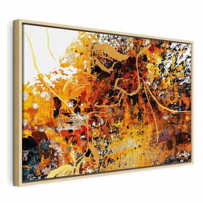 Kiss explosion wide – naturfärgad ram. Gula, orange, svarta och vita färgstänk och tunna linjer fyller en intensiv abstrakt bild.