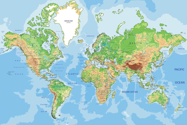 World geography: Gröna och sandfärgade landytor med ortnamn möter ljusblå hav i en detaljerad geografisk karta.