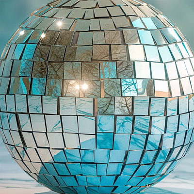 Kvadratisk motivförlaga för Sky blue disco ball: Ljusblå och silvergrå spegelrutor återger trädgrenar och en låg sol.