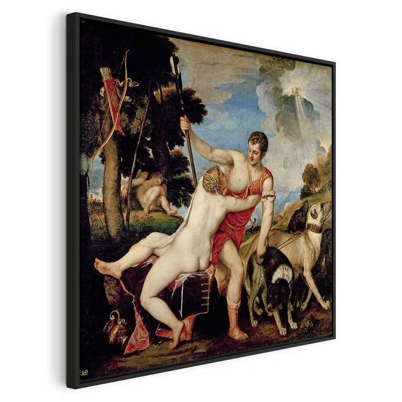 Titian venus and adonis – svart ram. Målade gestalter, hundar och röda och vita tygpartier samlas i ett grönbrunt landskap.