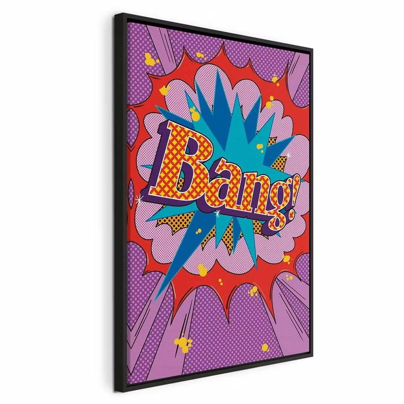 Comic street art colorful – svart ram. Ordet Bang! ligger mitt i en färgstark explosion av stjärnor, prickar och vinklar i rosa, gult, blått och orange.