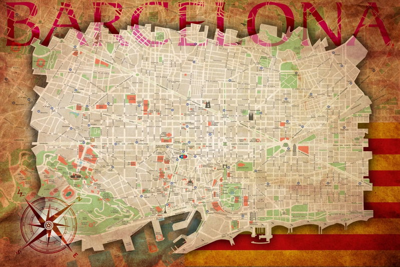 Map of barcelona: Ljusa gatulinjer och gröna stadsytor bildar en Barcelona-karta med stora röda bokstäver och kompassros.