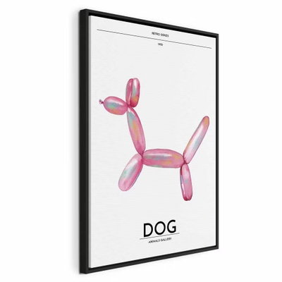 Holo dog colorful dog in – svart ram. En rosa, blankt återgiven ballonghund står på vit botten över det tryckta ordet DOG.