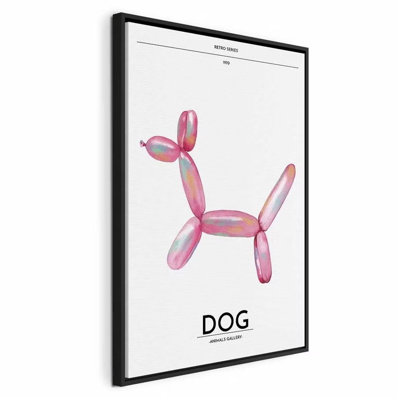 Holo dog colorful dog in – svart ram. En rosa, blankt återgiven ballonghund står på vit botten över det tryckta ordet DOG.