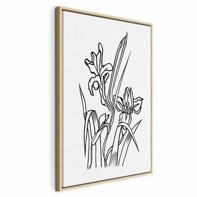 Love irises vertical – naturfärgad ram. Irisblommor med smala blad återges med tunna svarta konturer mot en vit botten.