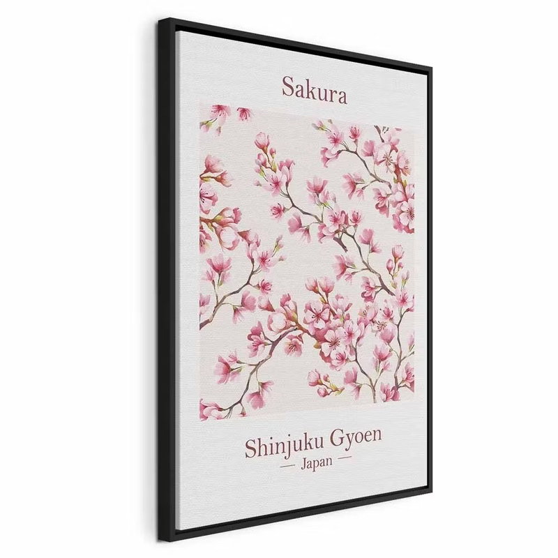 Sakura vertical – svart ram. Blommande körsbärsgrenar i rosa och vitt återges tillsammans med tunn typografi på en ljus botten.