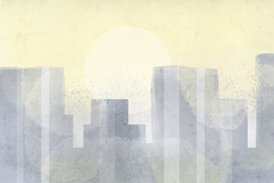 Modern city wide third – motivvy. Ljusa grå byggnadsformer står framför en stor blekgul cirkel över mjuka gula och blå färgskikt.
