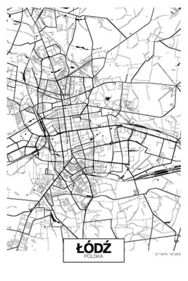 City plan lodz vertical – motivvy. Ett finmaskigt gatunät fyller en ljus stående karta med namnet ŁÓDŹ i en liten ruta nedtill.