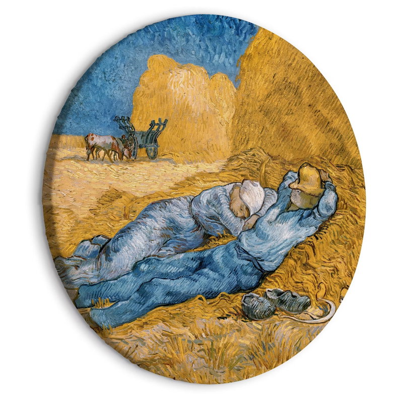 Rund motivvy för Vincent van Gogh: Två personer vilar i skuggan vid en stor gul höstack, med blå kläder mot det varma fältet.