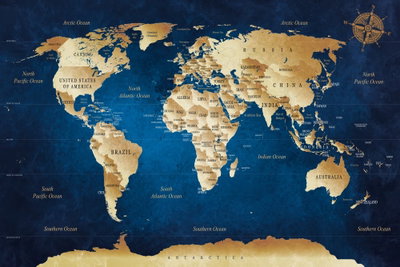 World map the dark blue – motivvy. Guldfärgade kontinenter möter en djupblå, skiftande bakgrund med en dekorativ kompassros.