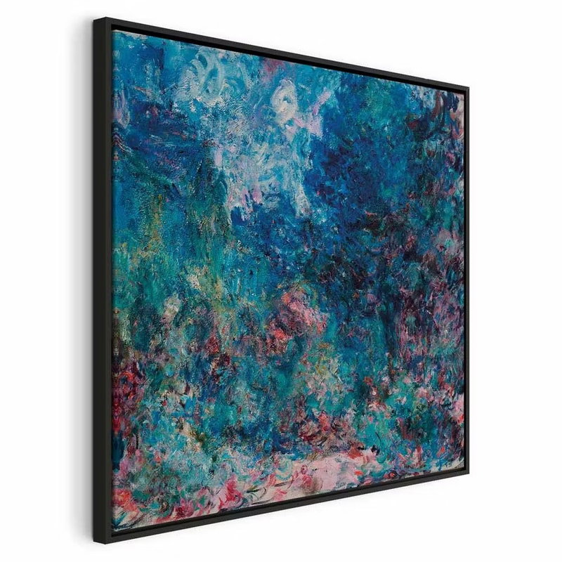 Claude monet la maison de l – svart ram. Täta blå och gröna penseldrag möter små rosa och ljusa blomfläckar i ett trädgårdsliknande motiv.