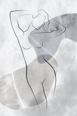 Resting muse vertical – motivvy. En stående kvinnlig figur med lyfta armar tecknas i tunna svarta linjer över mjuka grå fält.