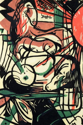 Franz marc the birth of the – motivvy. Kraftiga svarta konturer korsar röda, gröna och ljusa fält i en tät, rytmisk komposition.