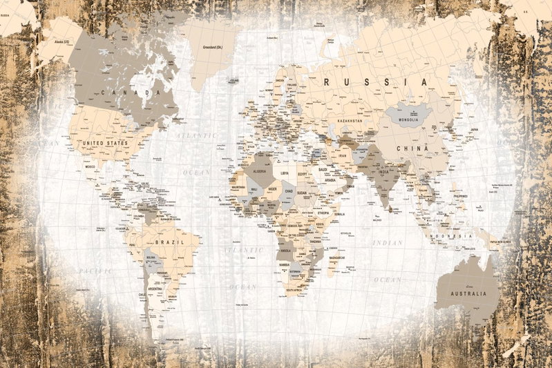 Enclave of the world: Ljusa kontinenter och karttexter ligger över en beigevit botten med mörkare, slitna kanter i motivet.