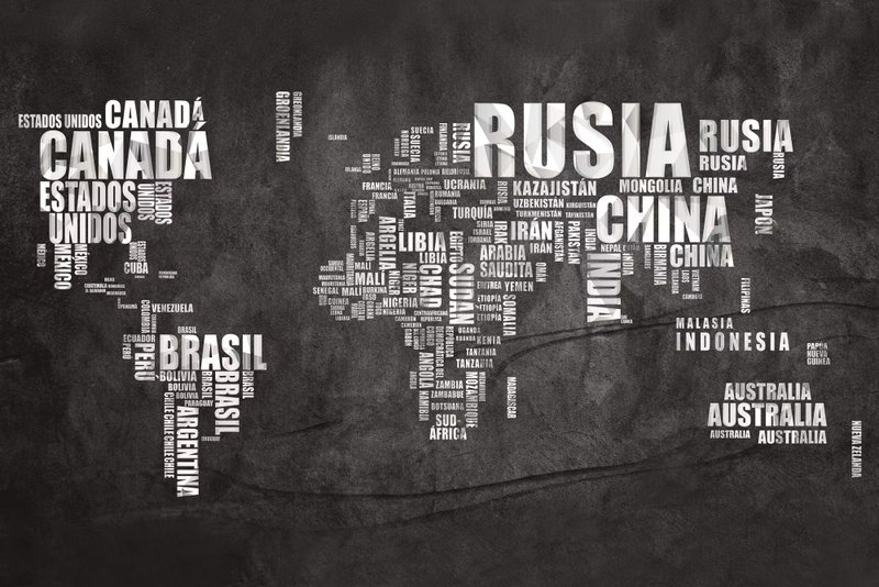 Spanish geography ES: Vita och grå landsnamn bildar kontinenter mot en nästan svart bakgrund med diskret struktur.