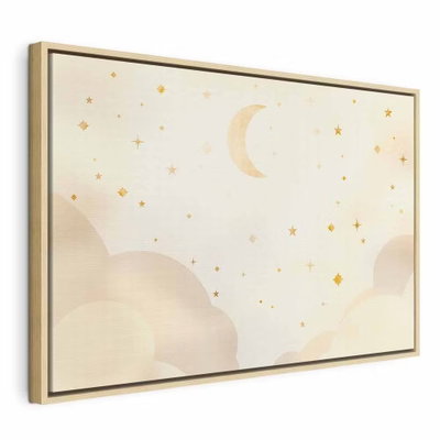 Bright night moon – naturfärgad ram. En gul månskära och små stjärnor svävar ovan ljusa, rundade moln i en crèmefärgad illustration.