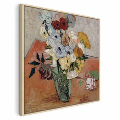 Vincent van gogh stilllife – naturfärgad ram. Röda, vita och gula blommor står i en vas på ett rostfärgat bord i ett målat stilleben.