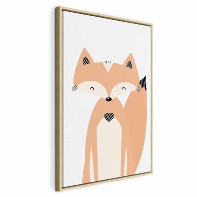 Happy fox vertical – naturfärgad ram. En orange räv med ljus nos och slutna ögon sitter mot en vit, avskalad bakgrund.