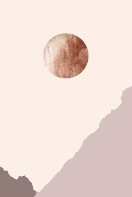Mountain planet vertical – motivvy. En brun rund form svävar över förenklade rosa och grå bergsformer på en ljus botten.