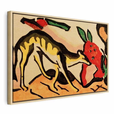 Franz marc fabeltier – naturfärgad ram. Ett gult och svarttecknat djur vänder huvudet mot en röd form i en förenklad komposition med kraftiga konturer.