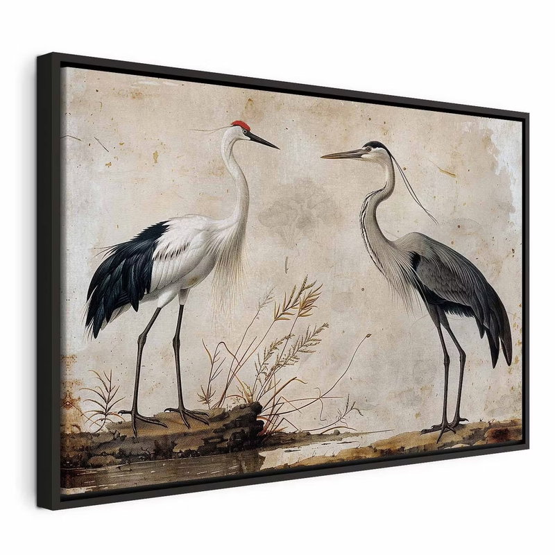 Birds from an old engraving – svart ram. Två stora långbenta fåglar med vita, grå och mörka fjädrar står bland torra kvistar mot åldrad beige botten.