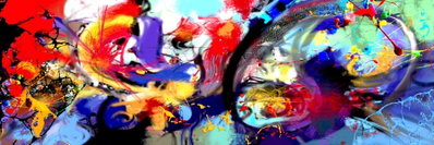 Colourful immersion – motivvy. Svarta, blå, gula, röda och vita färgspår rör sig i stora, svepande bågar över en bred bildyta.