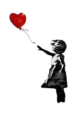 Banksy girl with balloon – motivvy. En liten svart flicksilhuett sträcker armen mot en röd hjärtformad ballong på vit botten.