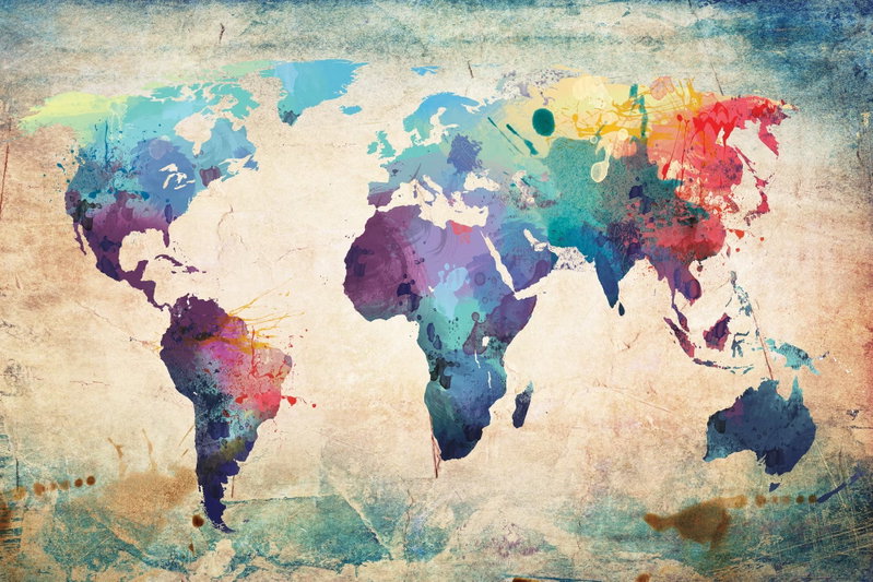 Colorful world map: Blå, lila, röda och gröna färgytor bygger upp kontinenterna mot en ljus bakgrund med turkosa skiftningar.