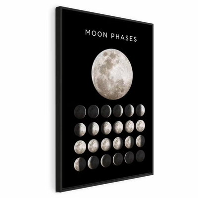 Moon phases vertical – svart ram. En stor ljus måne och många små månfaser återges i ett ordnat mönster på svart bakgrund.